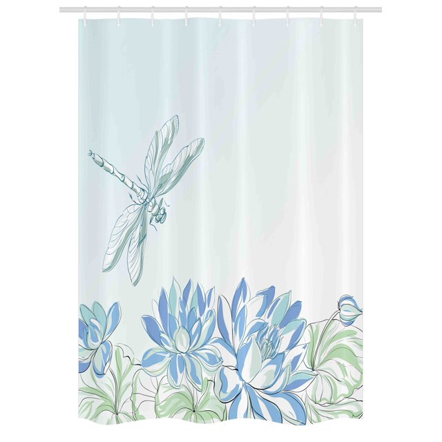Dragonfly Stall Shower Curtain, Waterlilies Flowers and Dragonflies Simplistic Design Eco Nature