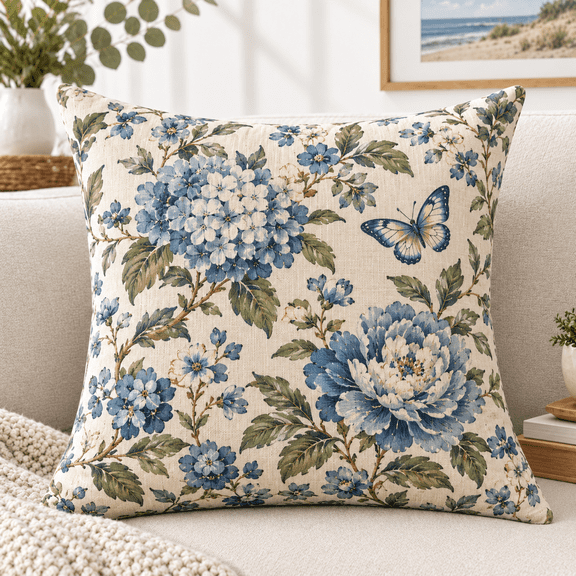 18 x 18 Inch Blue Floral Throw Pillow Covers, 2 Pack, Double-Sided Linen-Look Decorative Cushion Covers for Sofa, Couch, Bed and Home Decor