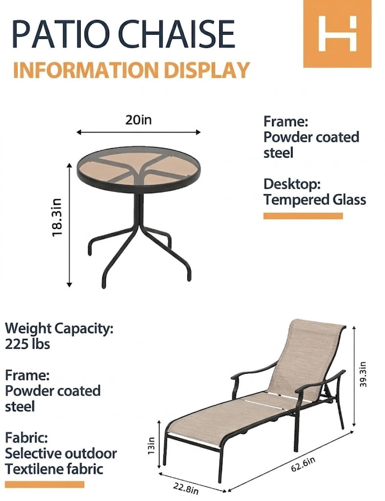 Howcool Patio Chaise Lounge 3 Pieces,Patio Lounge Chair with Glass Coffee Table,Pool Lounge Chair with Breathable Textilene Fabric for Patio Backyard Poolside (Brown)