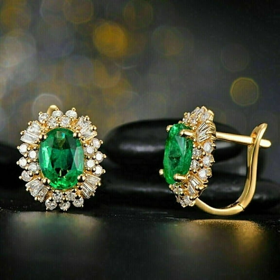 Women's Green Emerald & Diamond 14K Yellow Gold Plated Silver Elegant Double Halo Hoop Drop Earrings