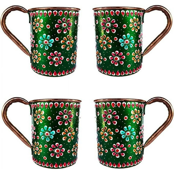 Rastogi Handicrafts Handmade Pure Copper Outer Hand Painted Art Work Wine, Vodka, Beer,Cocktail,Juice, Cold Coffee Straight Mug - Cup 16 oz Pack Of 4 Mug (GREEN)