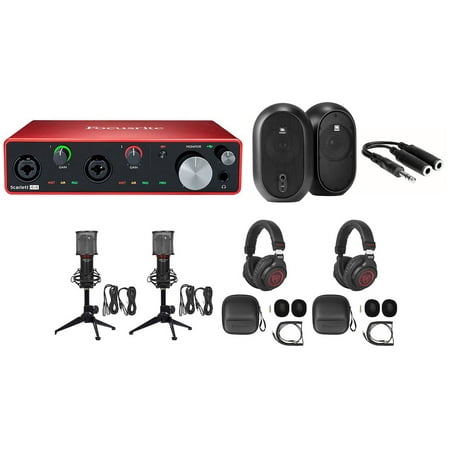 2-Person Podcast Podcasting w/4I4 Focusrite Interface+Headphones+Mics+Stands