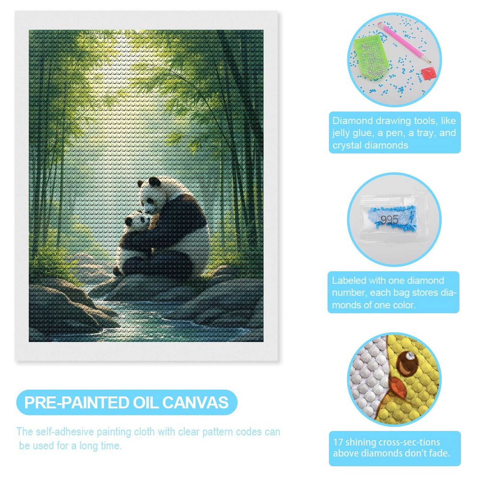 Diamond Art Kits for Adults, Panda Mother Cub Forest Stream 5D Diamond Painting Kits for Adults Beginners, DIY Full Drill Diamond Painting, Gem Art and Crafts 12x16