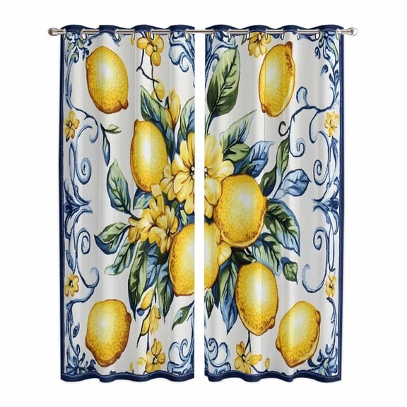 Yellow Lemon Kitchen Curtains 96 Inch Length, Middle Century Blue Italian Textured Grommet Top Bedroom Living Room Curtains, Light Filtering Cafe Curtain Drapes 2 Panels Set 104''x96''