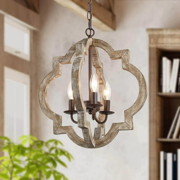 LNC 3-Light Farmhouse Distressed Gray Wood and Rustic Bronze Cage LED Chandelier