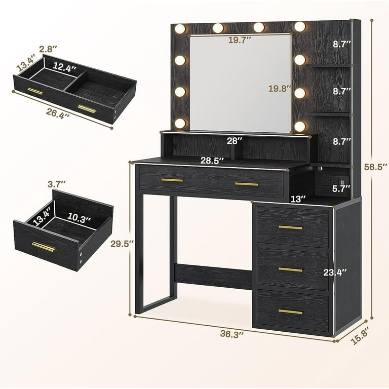 Tiptiper Makeup Vanity with Lights, Vanity Desk with Charging Station,  White Vanity Table with 10 Light Bulbs Mirror & 3 Lighting Modes, Makeup  Desk