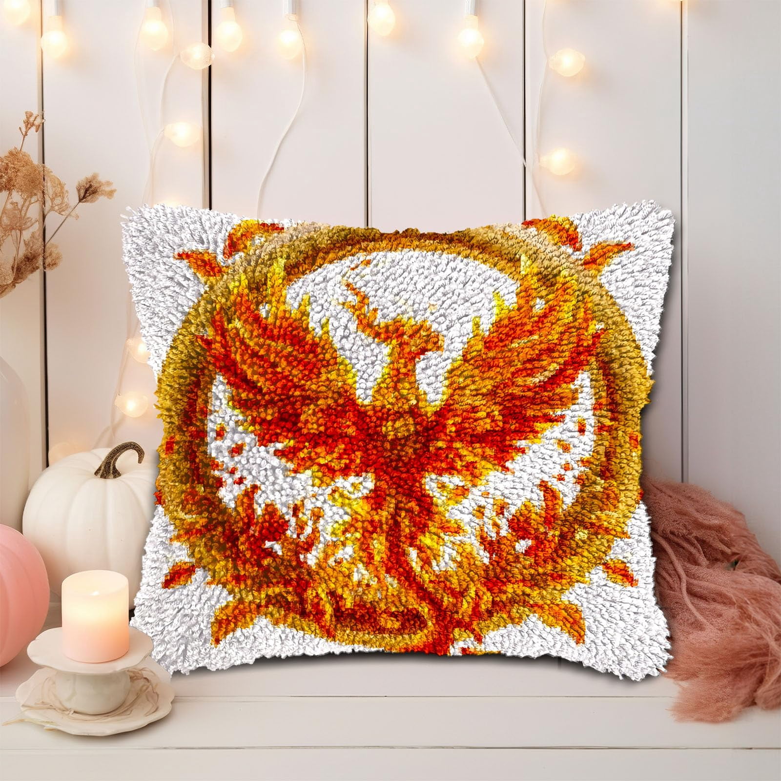 Golden Yellow Bird in Circle DIY Latch Hook Pillow Kits for Adults Printed Pillowcase Crochet Yarns Hooking Handmade Pillow Cover Cushion for Home Sofa Decoration 17x17inch(1)