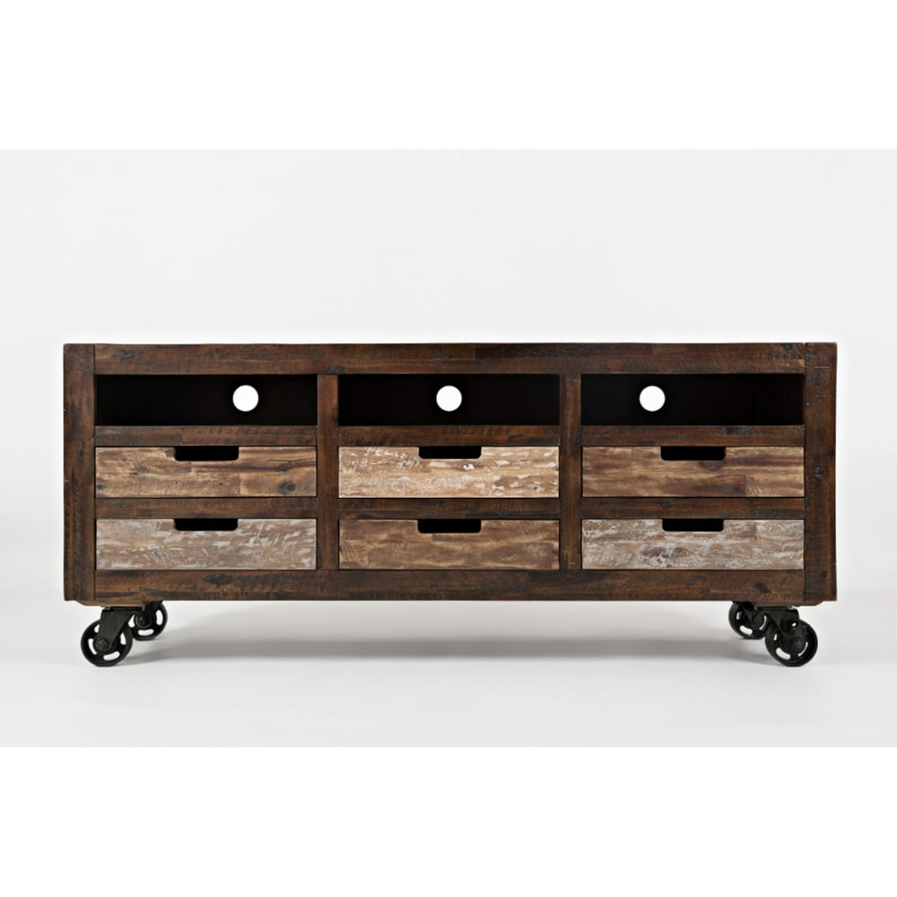 Industrial Style Wood & Metal Media Cart With 6 Drawers, Brown