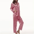 thumbnail image 2 of BLVB Satin Pajamas Set Women's Long Sleeve Sleepwear Button Down Loungewear Nightwear Silk Pjs with Pockets Hot Pink, 2 of 6