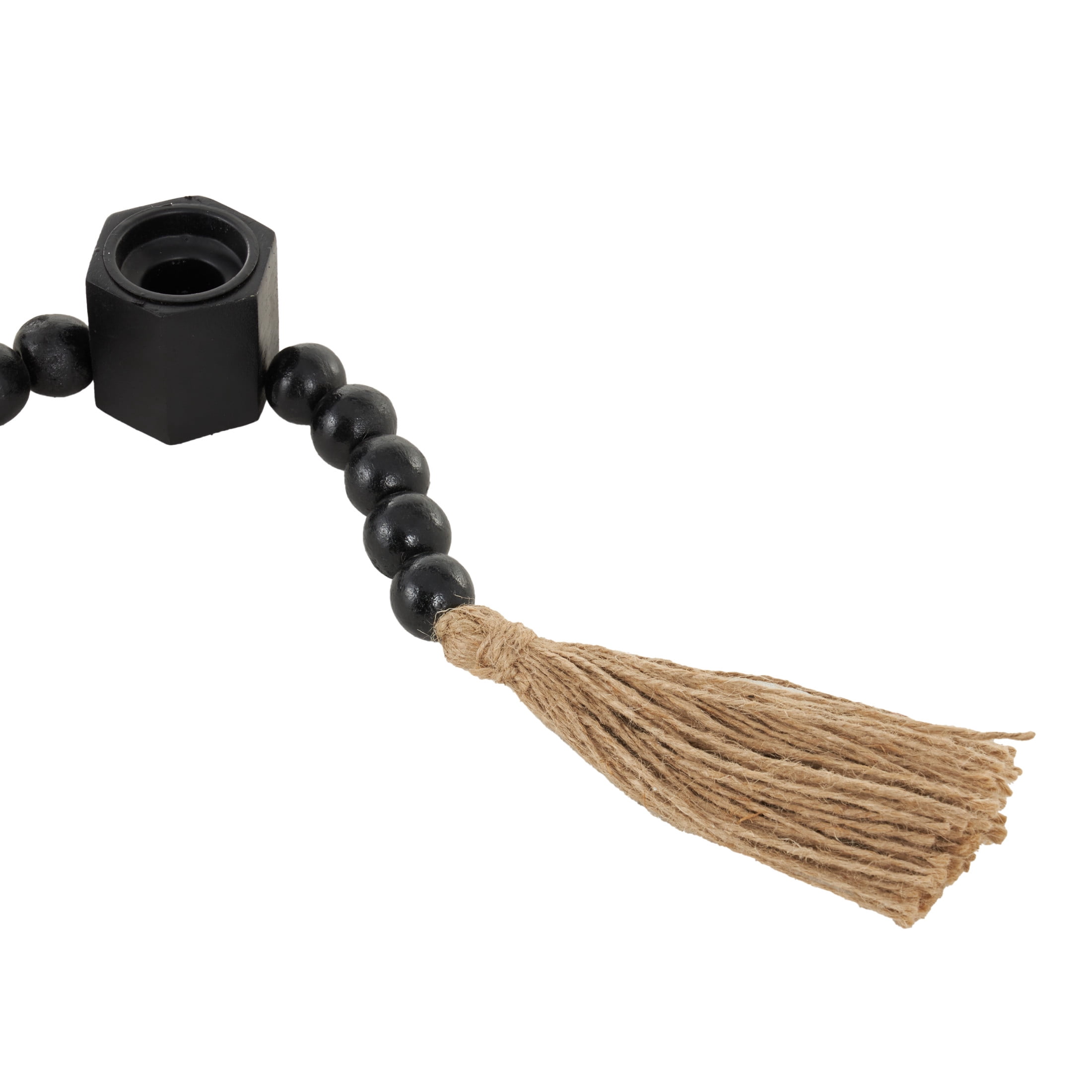 DecMode 5 Candle Black Mango Wood Hexagon Garland Candle Holder with Brown Tassel