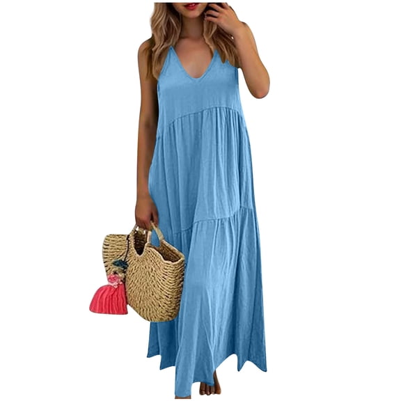 Kvture Women's Linen Dresses Summer V Neck Sleeveless Boho Maxi Dress Casual Tiered Long Dress Modest Beach Sundress Light Blue M