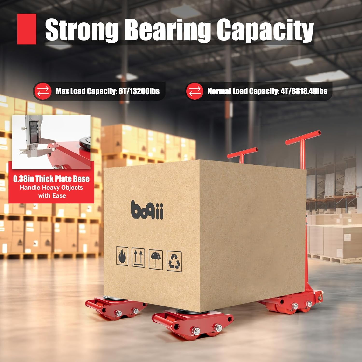 TFCFL 4pcs Machine Skates, Machinery Mover with 2 Steering Handle, 6T/13200lbs Machinery Moving Skate Dolly w/ 360°Rotation Disc & 4 Rollers, Heavy Duty Industrial Moving Equipment, Red