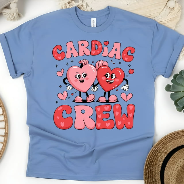 Cardiac Crew Graphic T-Shirt with Cute Heart Characters, CarolinaBlue, Size M