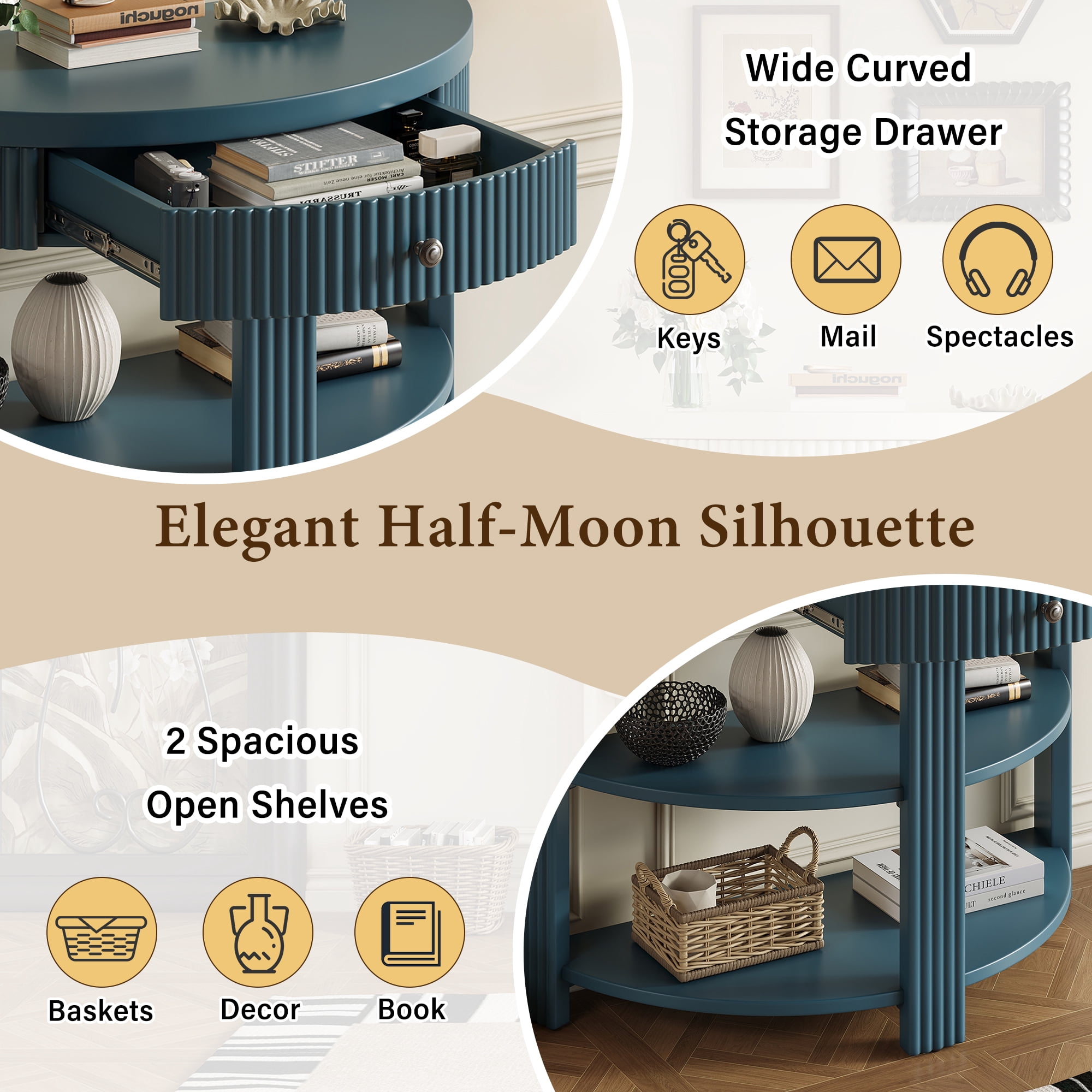 Euroco 3-Tier Half Moon Console Table with 1-Drawer, Fluted Entryway Table with Open Storage Shelves for Living Room, Hallway, Foyer,Navy