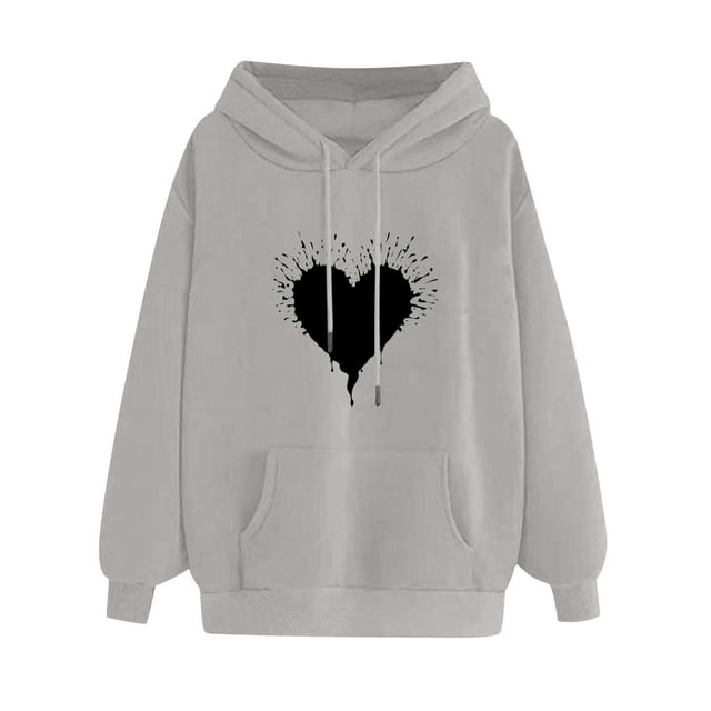 Pompotops Women's Comfortable Sweater Heart Pattern Printed Women's Hooded Pocket Drawstring Sweater Clearance