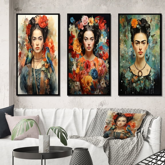 Designart "Coral Blue Mexico Art Selfportrait With" Portrait Framed Wall Art Set Of 3 - Coral Mexican Art Frame Gallery Wall Set For Home Decor