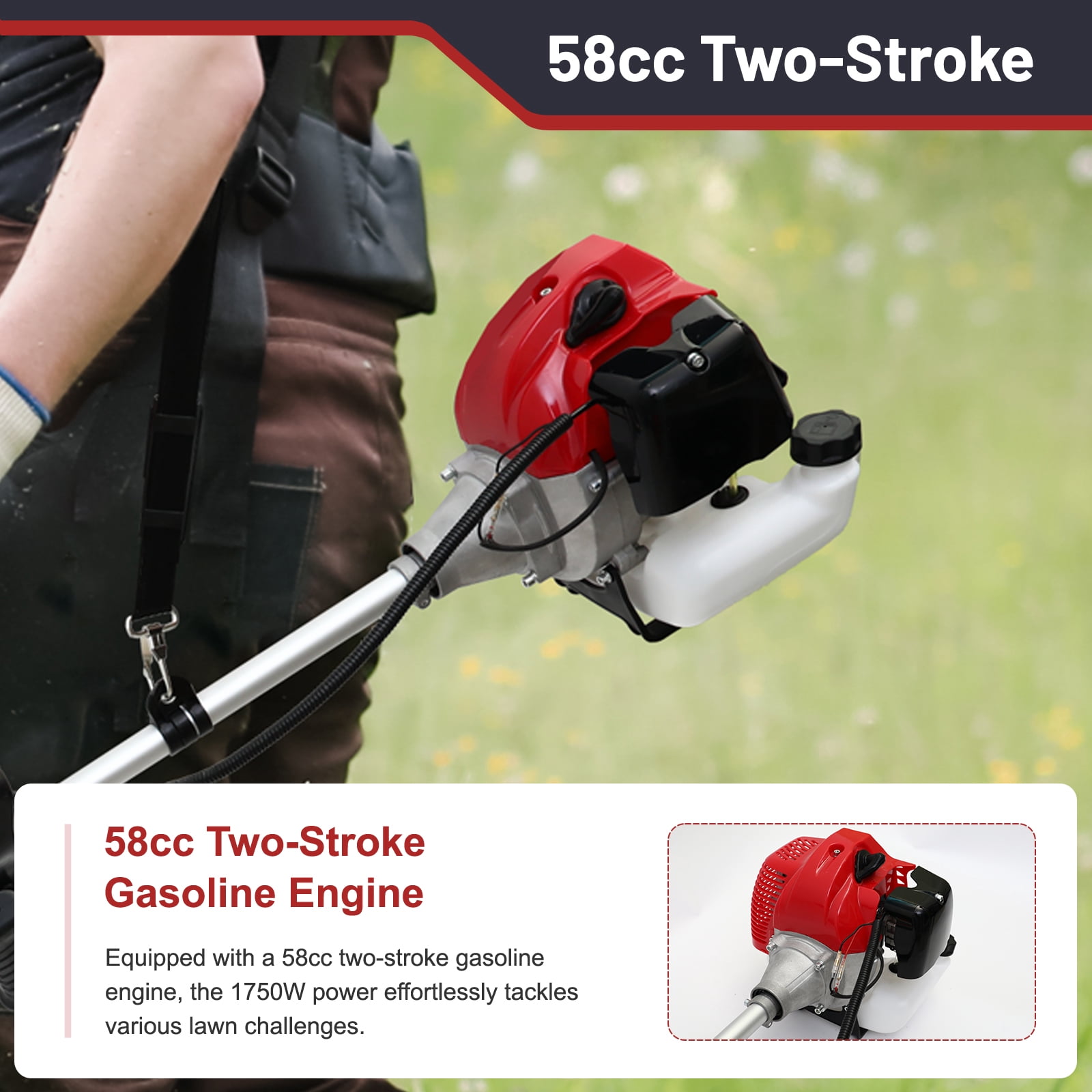 58CC Gas Powered String Trimmer, 4 in 1 Gas Weed Eater with 4 Detachable Heads, 1.75KW Gas Weed Trimmer
