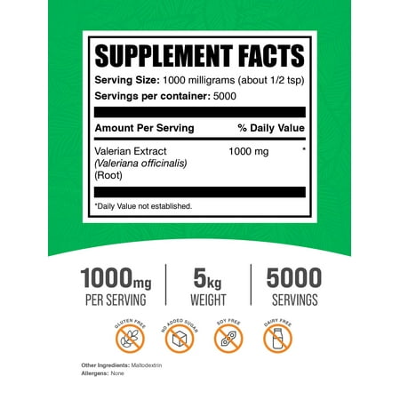 BulkSupplements Organic Valerian Root Extract Powder - 1g per Serving - 5 Kilograms (11 lbs) - 5000 Servings