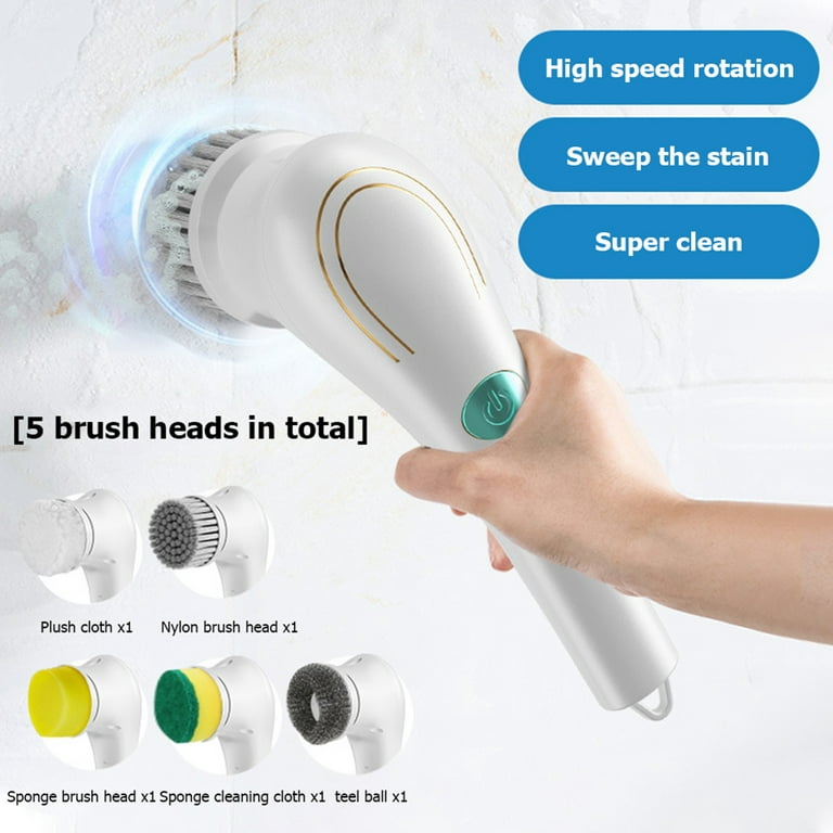 Handheld Electric Spin Scrubber with 5 Replaceable Brush Heads & Drawstring  Pocket, Cordless Electric Bathroom Scrubber Rechargeable Shower Cleaning