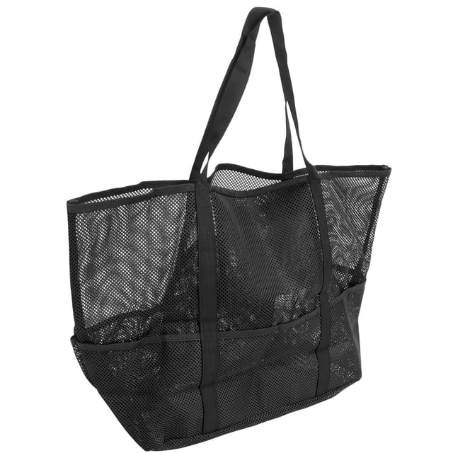 Bolsa de Playa de Malla, Negra Con 8 Bolsillos, Impermeable, De Gran Capacidad, Adecuada para Banarse, Viajar en la Playa y Otras Ocasasas.