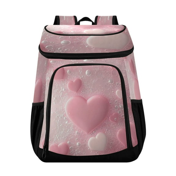 36 Can Capacity Insulated Backpack Cooler Lunch Bag for Picnics, Camping Pink Heart Bubbles