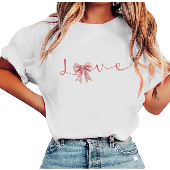 Fewfanhot Shirts for Women Bow Shirts for Women Love Letter Print T-Shirts Casual Pink Ribbon Short Sleeve Tops