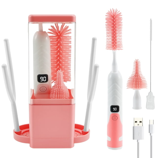 Silicone Plastic Multifunctional Electric Bottle Brush Set Adjustable Level Rechargeable Baby Bottle Cleaner With Indicator Light for Home Travel Use-1set-pink