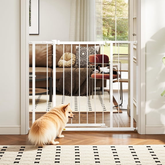 Dkelincs 36"Tall Dog Gate for Doorways & Stairs, Walk-Through Metal Pet Gates Adjustable Safety Gates Fits 28"-40"Wide Opening, White
