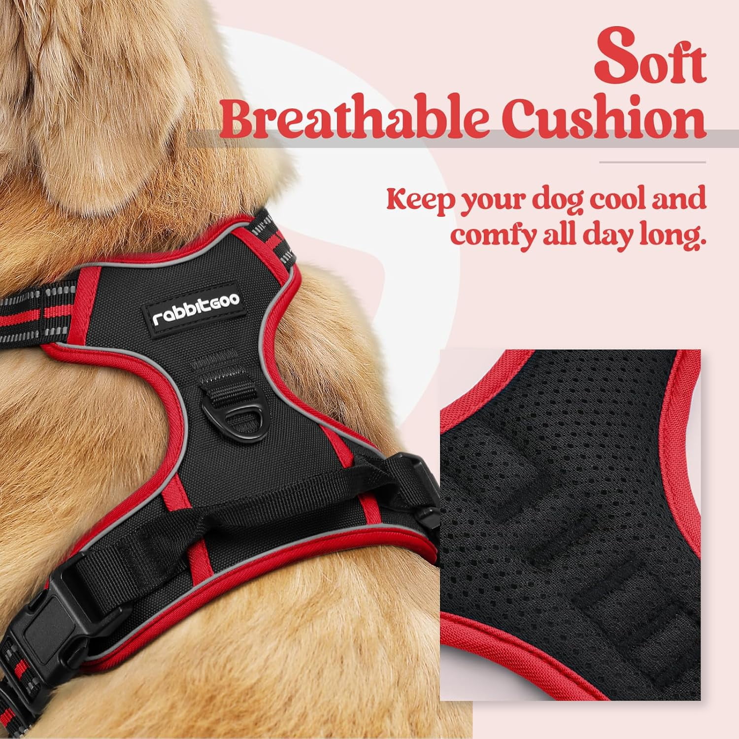 rabbitgoo Dog Harness, No-Pull Pet Harness with 2 Leash Clips, Adjustable Soft Padded Dog Vest, Reflective Outdoor Pet Oxford Vest with Easy Control Handle for Large Dogs, Black & Red