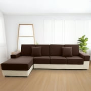Sanmadrola Waterproof Couch Cushion Cover for Sectional Sofa,Slipcover Stain Resistant High Elasticity Wear-Resistant Striped Sofa Cover,Brown 3 Piece Set +1 Chaise for Furniture, Children, Pets