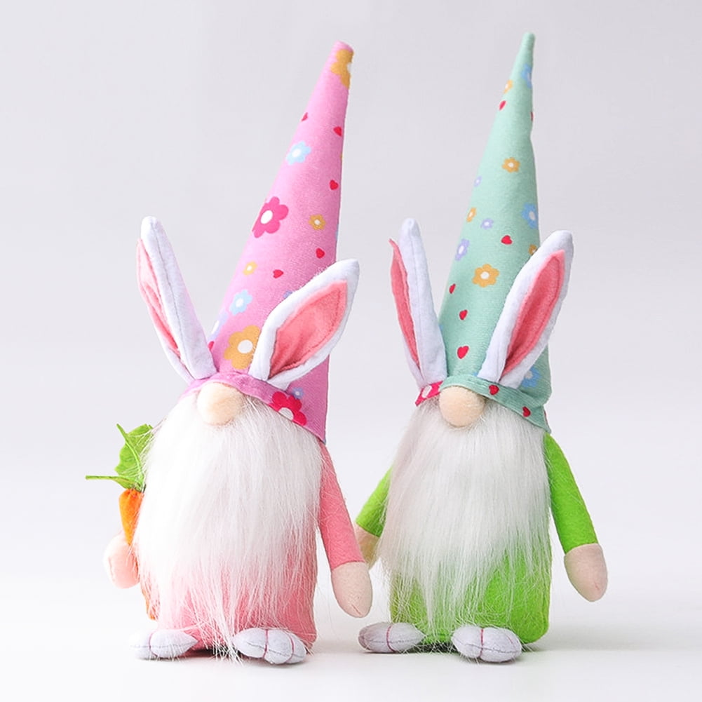 Kepooman 2 Pcs Kids 13" Long Hat Faceless Bunny Doll for Decor Gifts, Pink + Green