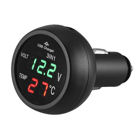 Lanfini 12V/24V Digital Car Voltmeter Thermometer with LED Display for Cigarette Lighter - Black ABS Voltage Temperature Monitor 3 in 1 USB Charger VST-706
