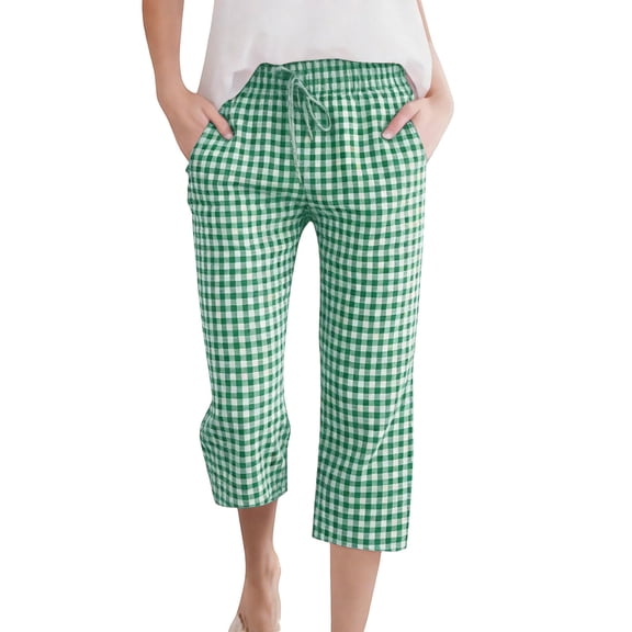 Linen Capri Pants for Women with Pockets Plaid/Striped Plus Size Summer Casual Beach Capris Straight Fit (XL, Green|Plaid)