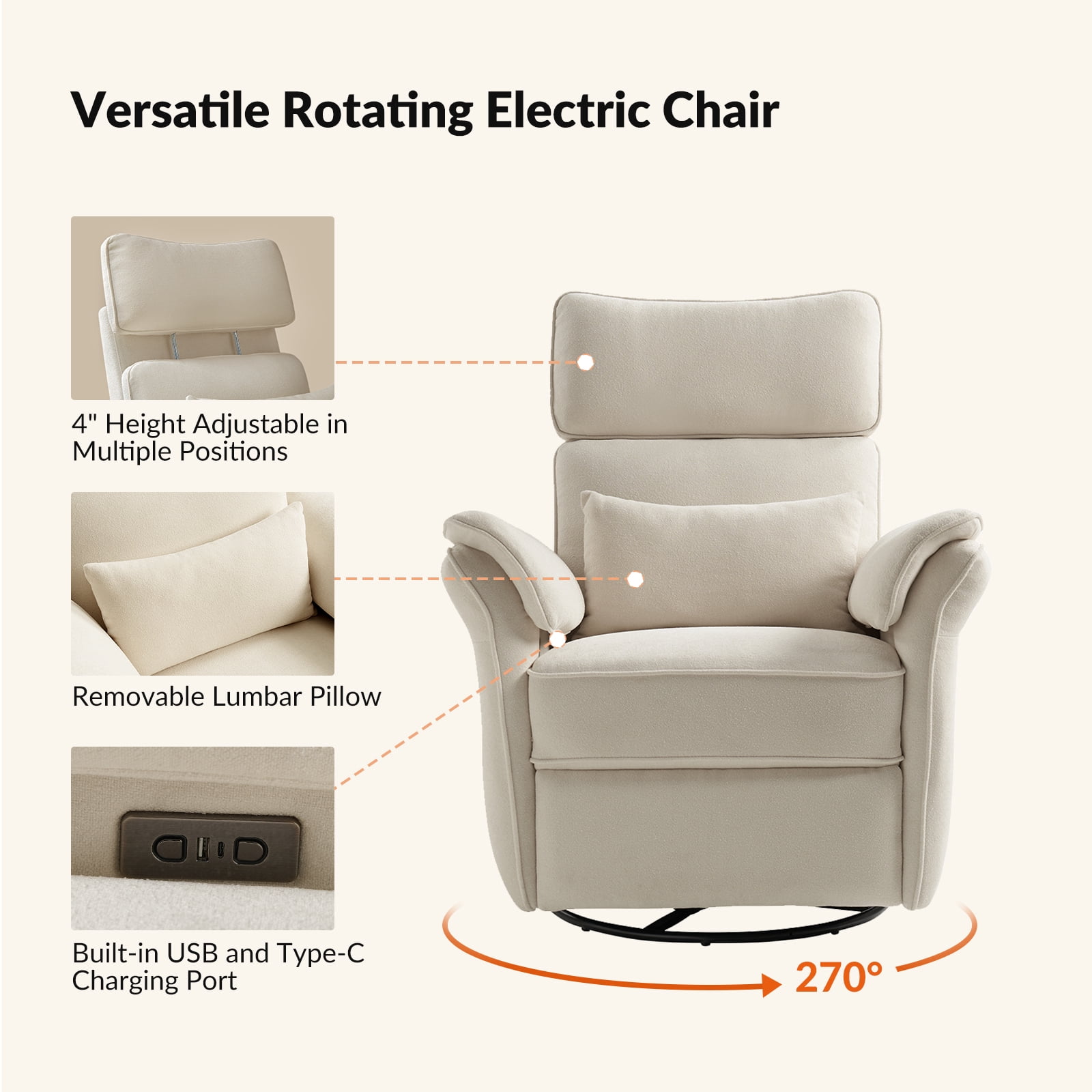 Nursery Recliner Chair Electric Power Glider Swivel Rocking with USB, Waterproof Stain-resistant, Beige
