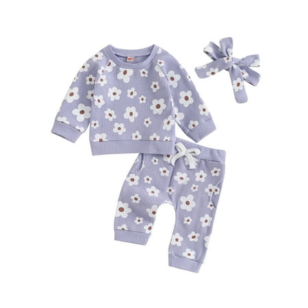 

Infant Baby Girl Waffle Outfits Flower Sweatshirt Tops Drawstring Pants Set Bow Headband Fall Winter Clothes 0-24M