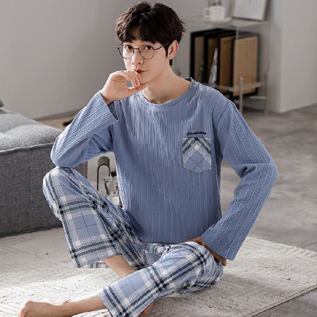 

PIKADINGNIS Mens Pajamas Set Autumn Winter Leisure Elastic Waist Men Sleepwear Cotton Mens Long Sleeve Nightwear Trousers Homewear Clothes