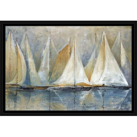 Traditional Elegant Sailboats on Water Coastal Painting Blue & Tan, Framed Canvas Art by Pied Piper (Best Blue Water Sailboat For The Money)