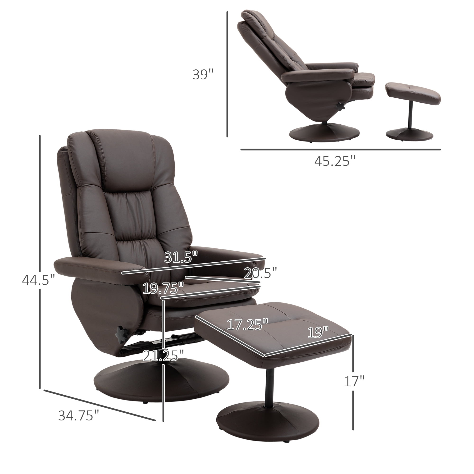 Brown PU Leather Recliner Office Chair with Ottoman, 135° Recline, 360° Swivel, High Back, Steel Frame