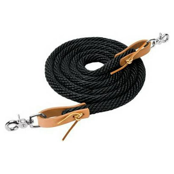 Black 8Ft Weaver Horse Poly Roping Reins W/ Leather Laces Loop Ends
