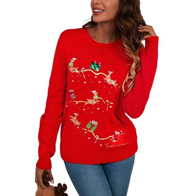 Innerwin Chandail de Noël à Manches Longues pour Femmes Chandail de Noël Col Rond Décontracté Tricoté Rouge Carrosse L