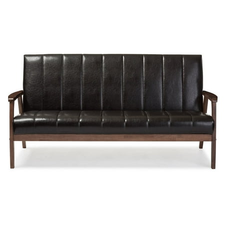 - **DISCONTINUED** Baxton Studio Nikko Mid-century Modern Scandinavian Style Dark Brown Faux Leather Wooden 3-Seater Sofa (box 3 of 3)