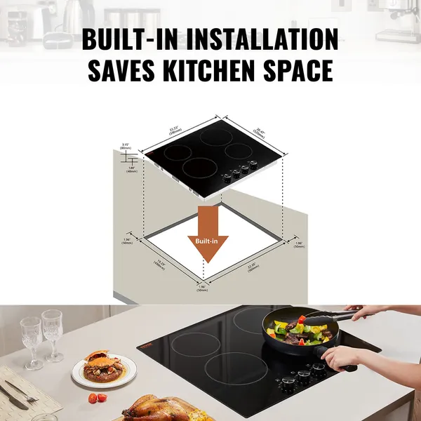 24 Inch 6000W Built In Electric Cooktop 4 Burner Ceramic Glass Stove Top with Knob Control 11 Heat Levels 220 240V Hardwire