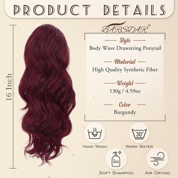 WEIF-Burgundy Red Ponytail Extension - 16 Inch Wavy Drawstring Ponytail Hair Extensions for Women - Voluminous Natural Looking Synthetic Clip in Pony Tails Hairpieces - Burgundy