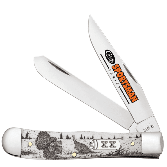 Case Trapper Sportsman Folding Knife, 3.24in/3.27in, Tru-Sharp Surgical Steel, Clip Point/Spey Blade, Turkey Embellished Natural Bone Handle