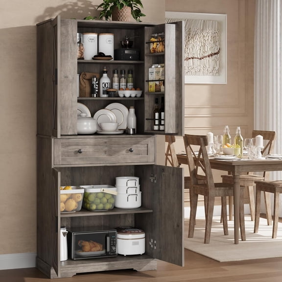 71'' Kitchen Storage Pantry Cabinet Freestanding, 4-Door Cupboard with 6 Shelves & 1 Drawer, Versatile Organizer for Kitchen, Dining, Bathroom & Laundry