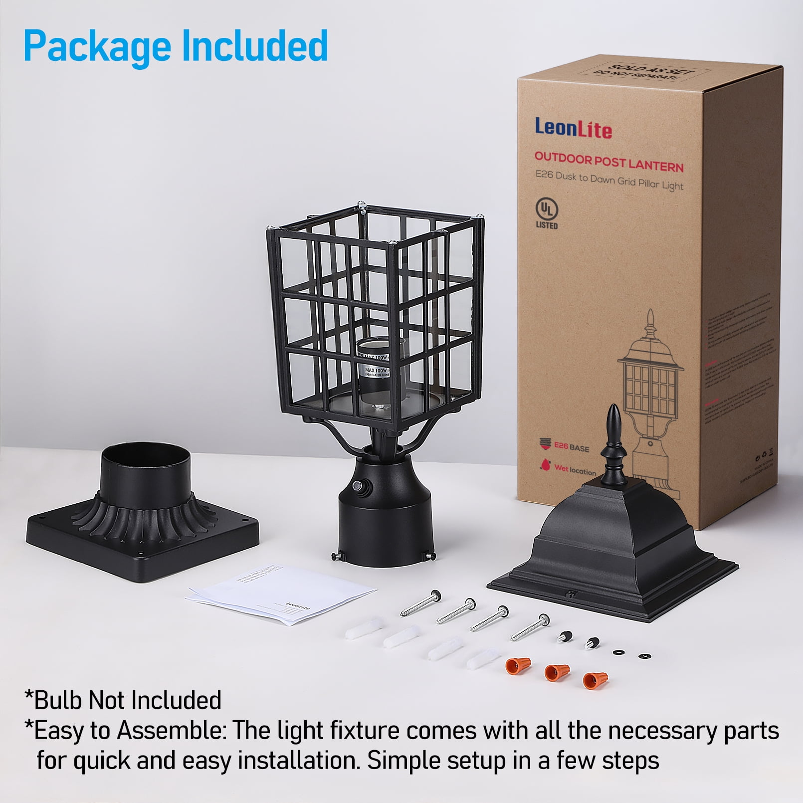 2 Pack Dusk to Dawn Outdoor Post Lantern, 17 Inch Grid Pillar Light with Pier Mount Base, E26 Base, Black