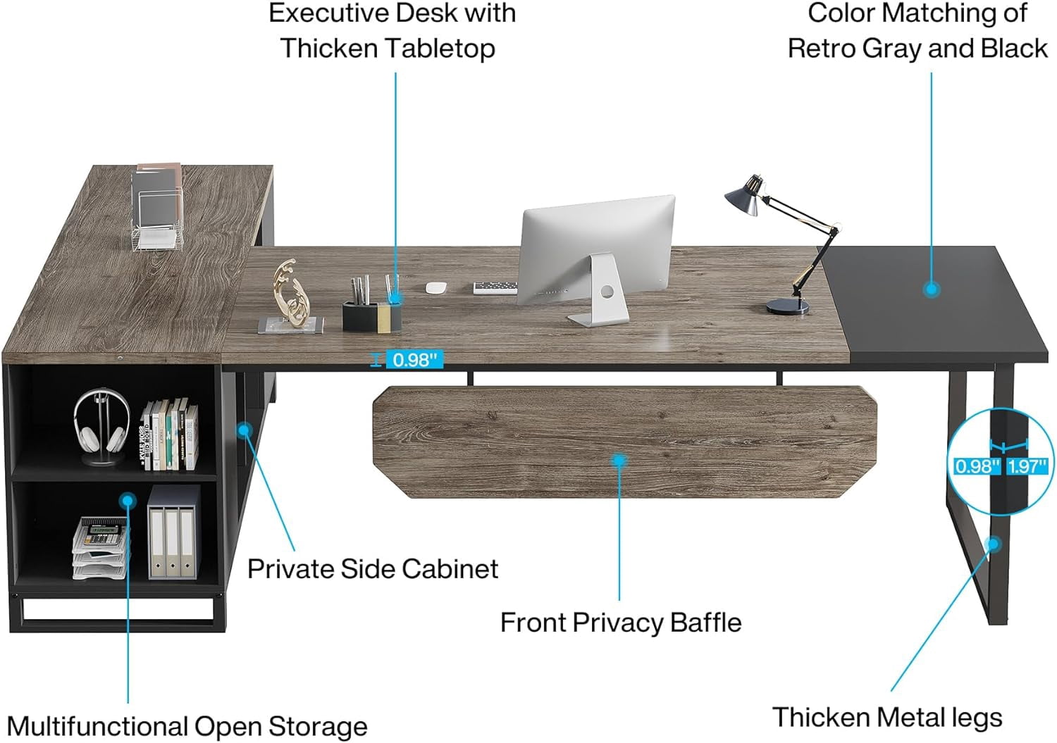 Tribesigns 70.8" L-Shaped Executive Desk with 55" File Cabinet, Modern L-Shaped Computer Desk with Storage Shelves and Cabinet for Home Office, Retro Gray