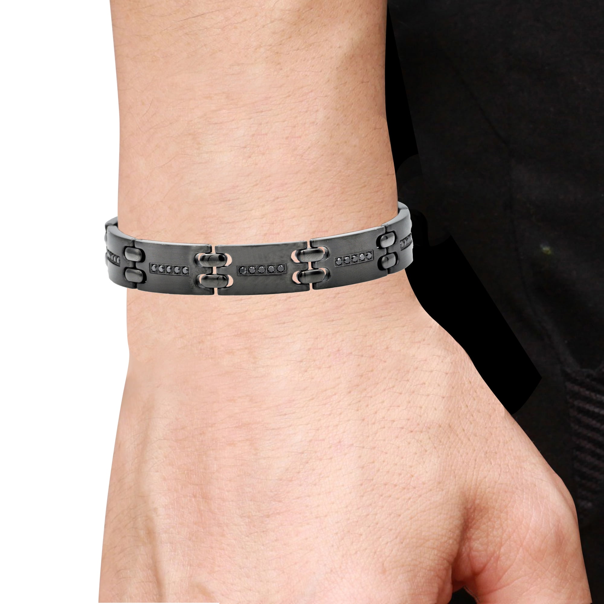Mens Black Plated Stainless Steel Bracelet With Black Cubic Zirconia