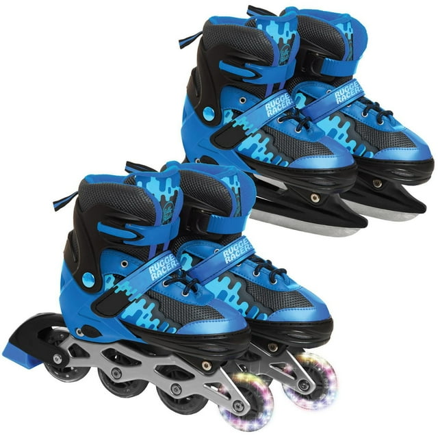 Patins à roulettes et patins à glace ajustables et convertibles Rugged Racer pour enfants - Moyen - Bleu