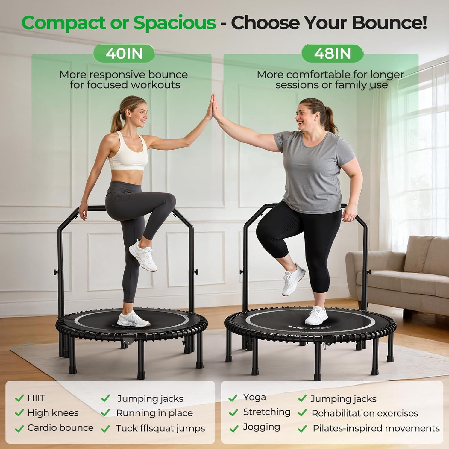 BCAN BT2 40-Inch Adult Mini Rebounder Trampoline, 450-pound weight capacity, adjustable handrails, and a Silent Resistance Band Design, suitable for indoor and outdoor home workouts